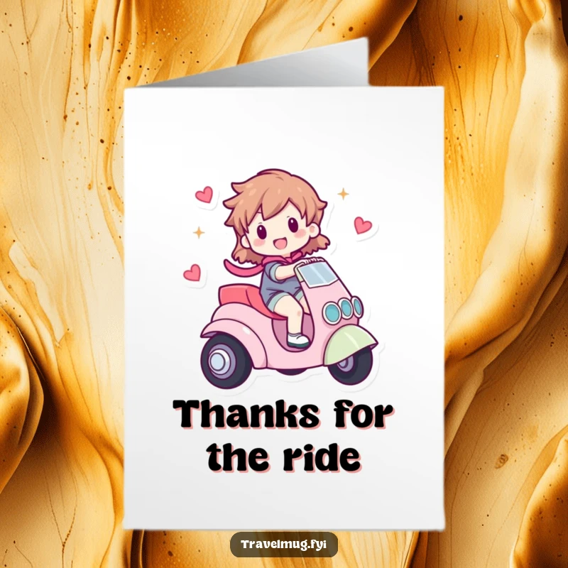 Funny Free Printable Thank You Card: Character happily riding a small, charming, whimsical vehicle. A delightful DIY thank you.