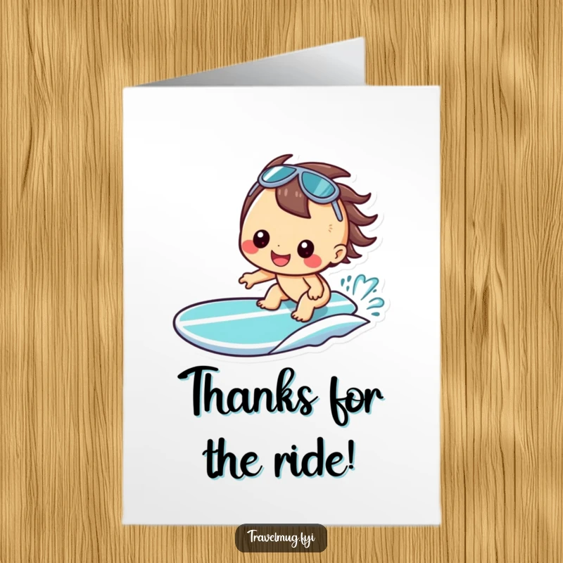 Funny Free Printable Thank You Card: Kawaii character with a cheerful grin on a surfboard, perfect for sunny thanks.