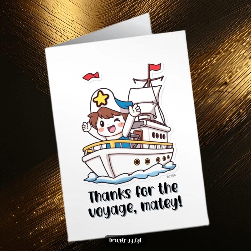 Funny Free Printable Thank You Card: Happy character waving goodbye from a departing ship, expressing gratitude. Downloadable DIY gift.