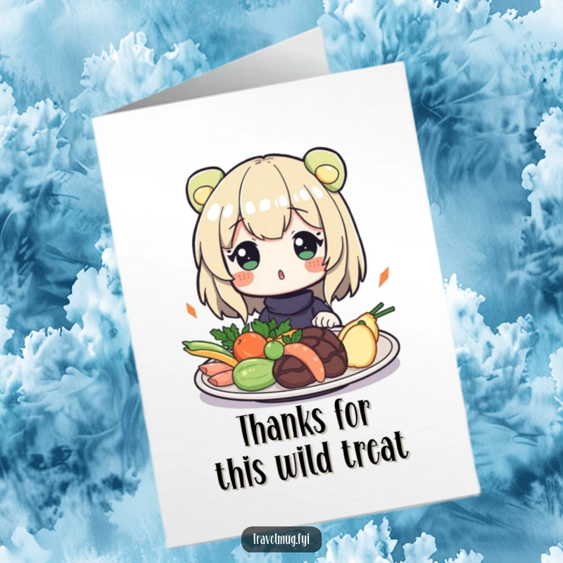 Funny Free Printable Thank You Card: Character looks surprised at a plate of exotic food, showing thankful amusement.