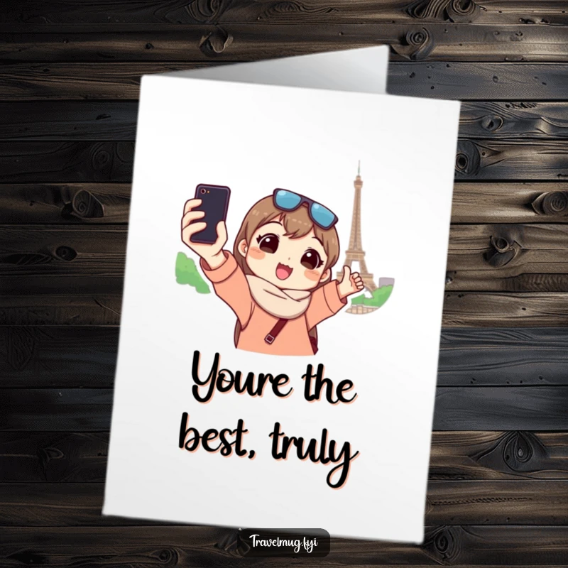 Funny Free Printable Thank You Card: Character awkwardly takes a selfie in front of a renowned monument.