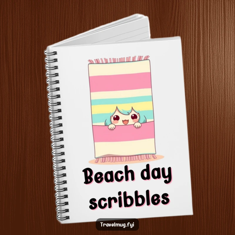 Funny beach peeker notebook, a character peeking from a striped beach towel, great for jotting down vacation plans.