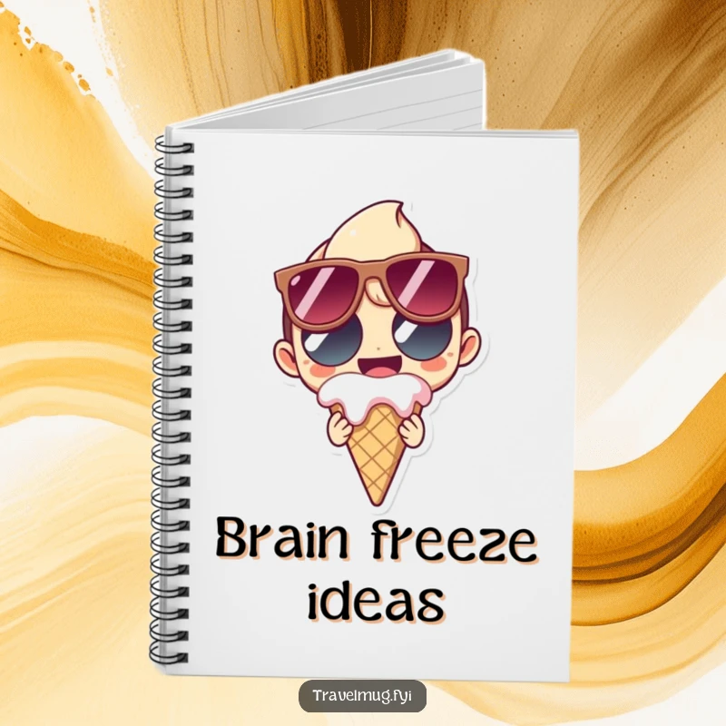 Funny Notebook cover with a character in oversized sunglasses grinning and holding a melting ice cream cone, encouraging fun note-taking.