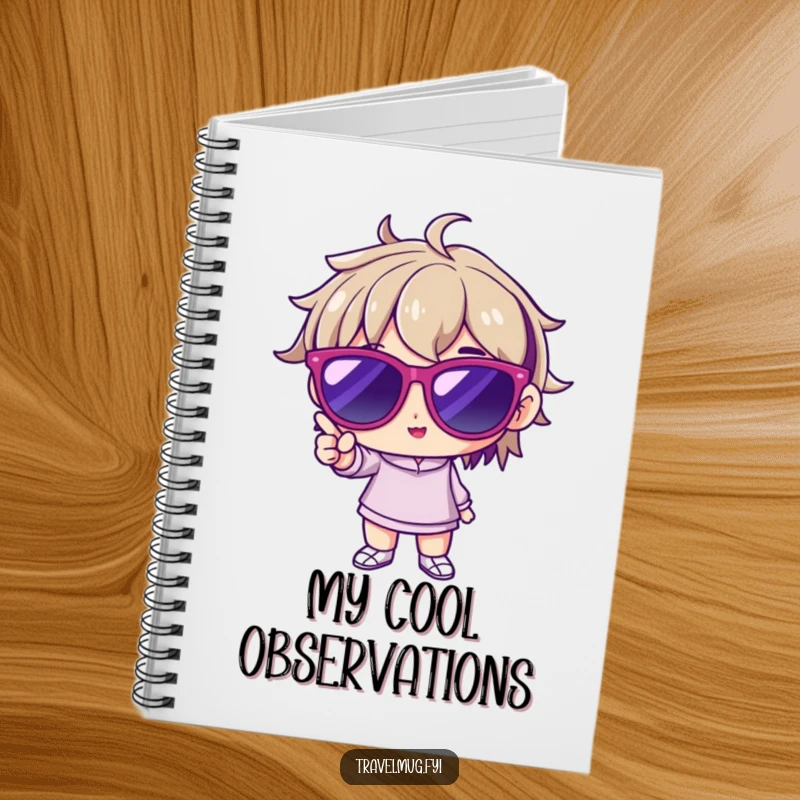 Funny notebook with a character wearing oversized sunglasses, striking a confident pose, encouraging creative writing and bold ideas.