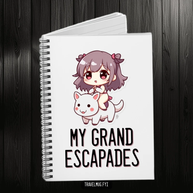 Funny notebook cover featuring a cute character riding a small, playful creature, ideal for jotting down notes with humor.