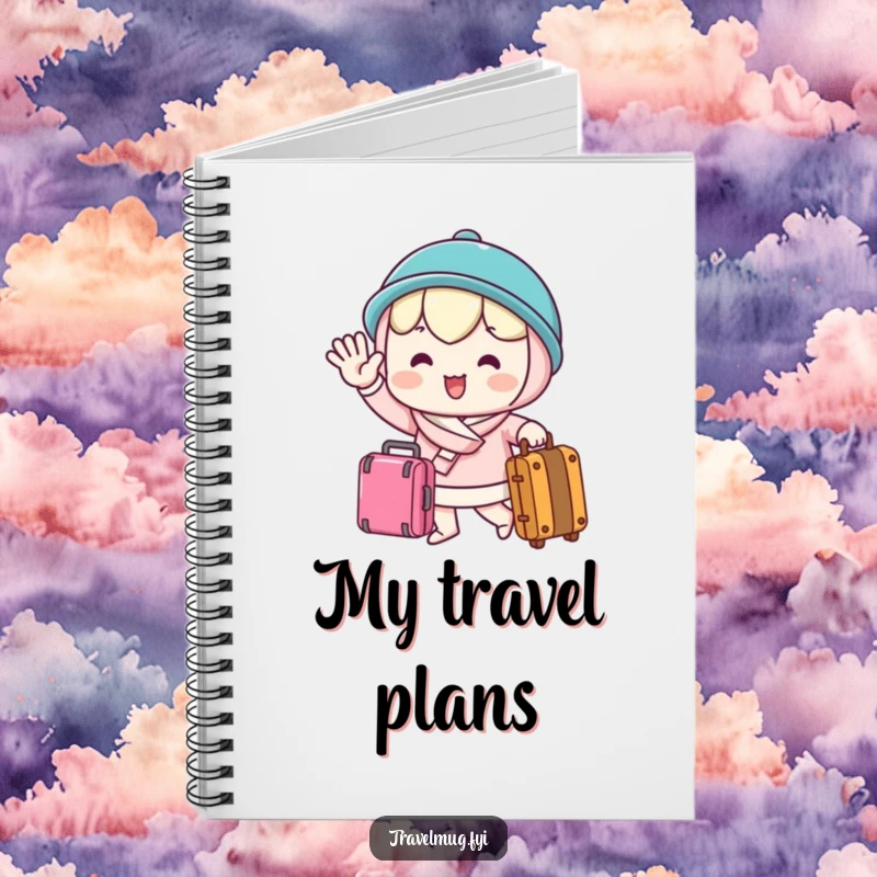 Funny Notebook with a kawaii character waving goodbye cheerfully while holding a suitcase, perfect for notes and travel lovers.
