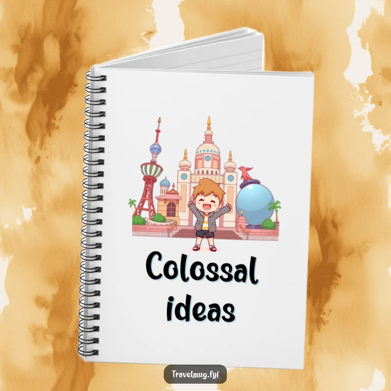 Funny notebook with a character joyfully posing in front of a landmark made of oversized objects.
