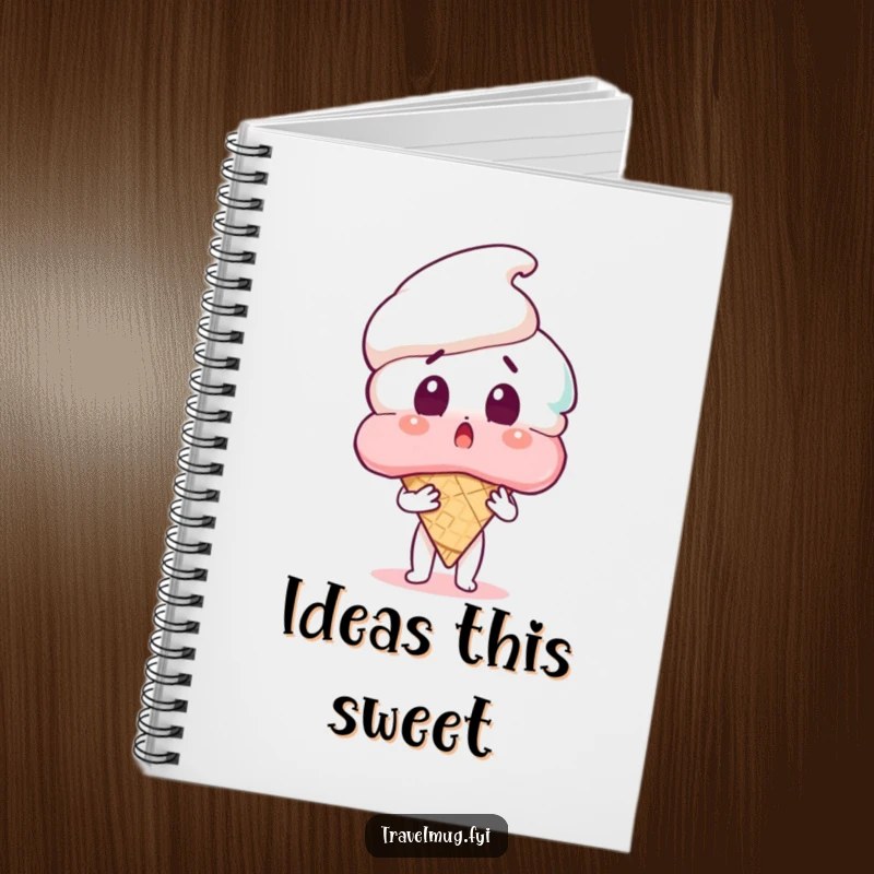 Funny notebook cover with a surprised character holding a huge ice cream cone, inspiring humorous notes and creative ideas.