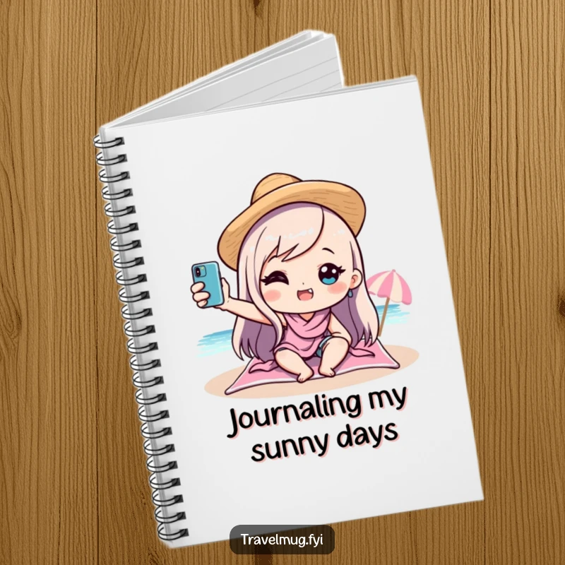 Funny kawaii character taking a selfie on a beach, featured on a notebook cover, inspiring creative writing and cheerful note-taking, a fun gift.