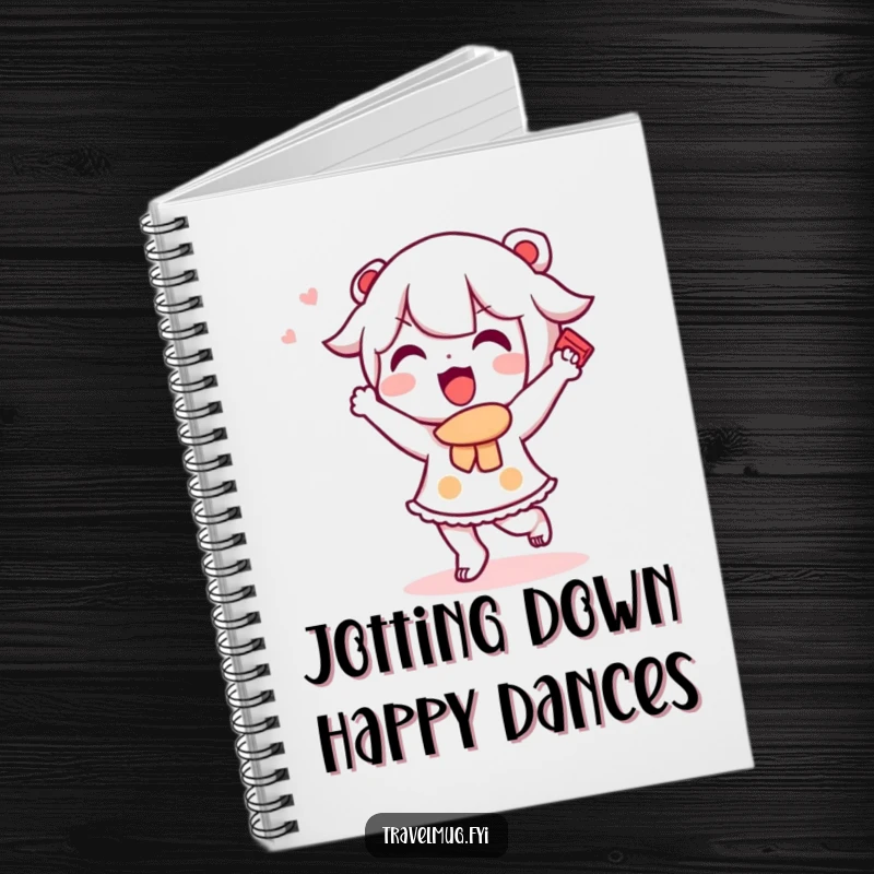 Funny Kawaii character notebook showing a cute character doing a happy dance with a souvenir, ideal for travel journaling.