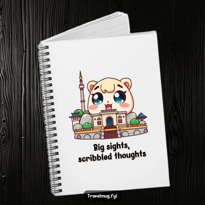 Funny Kawaii character notebook showing a cute character with amazed eyes looking at a landmark, ideal for travel journaling.