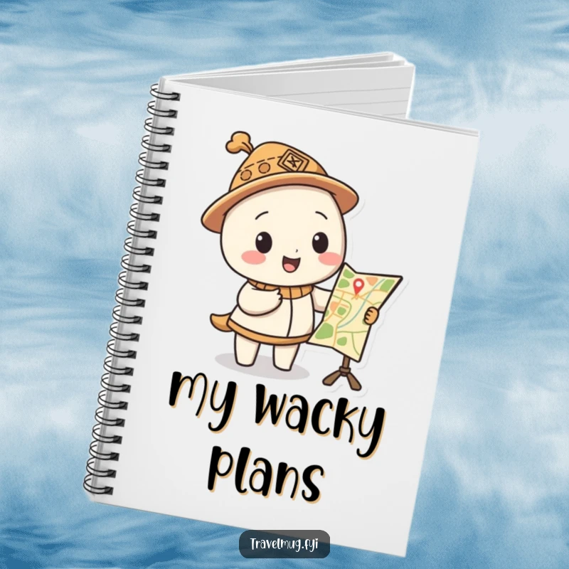 Funny notebook features a character in a silly hat pointing at a funny map, ideal for journaling adventures.