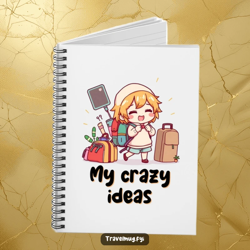 Funny notebook with a character gleefully packing comical items into a backpack, perfect for adventure notes and as a funny gift.