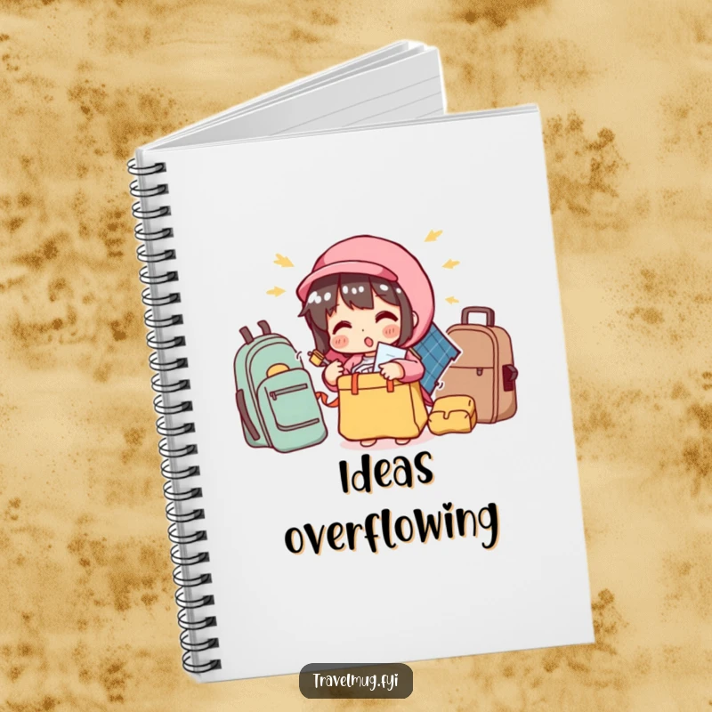 Funny notebook with a character comically overstuffing a small bag, a humorous journal for travel plans.