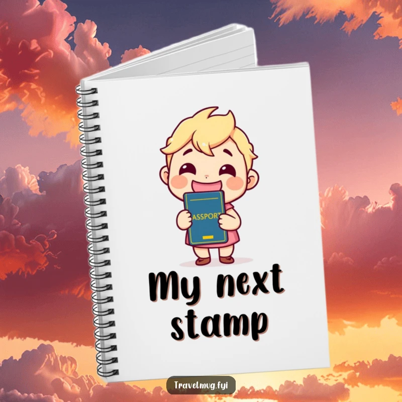 Funny Notebook with a kawaii character grinning widely while holding a passport, perfect for notes and travel lovers.