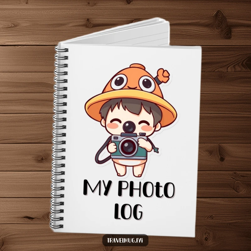Funny notebook with a character in a funny hat holding a camera, perfect for jotting down photo ideas and creative concepts.