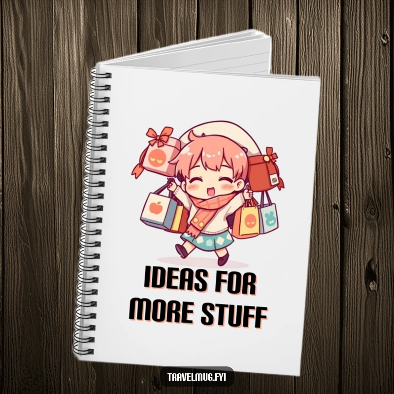 Funny notebook cover with a character balancing multiple souvenir bags, perfect for jotting down travel notes.