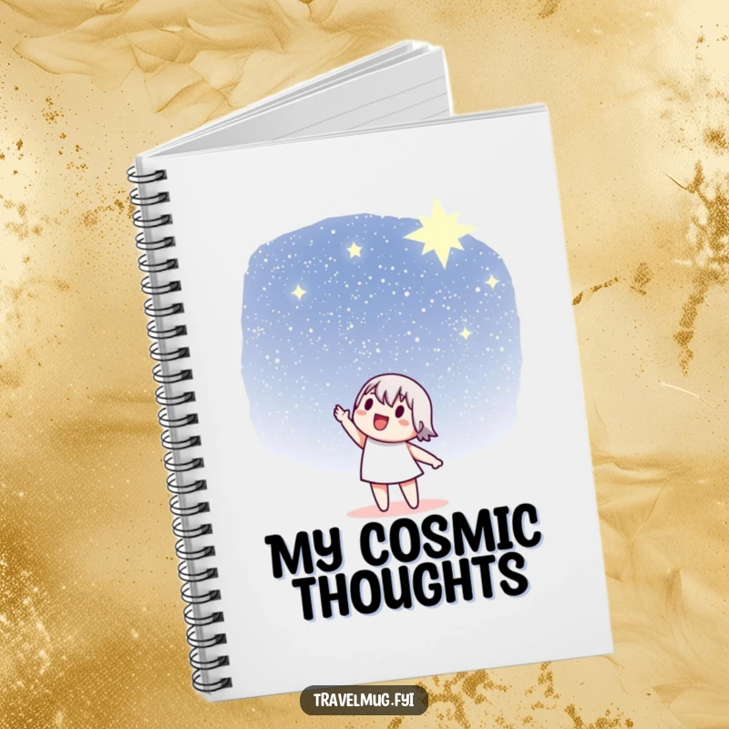 Funny Notebook: A character enthusiastically points towards a distant, star-filled sky, perfect for journaling cosmic thoughts.