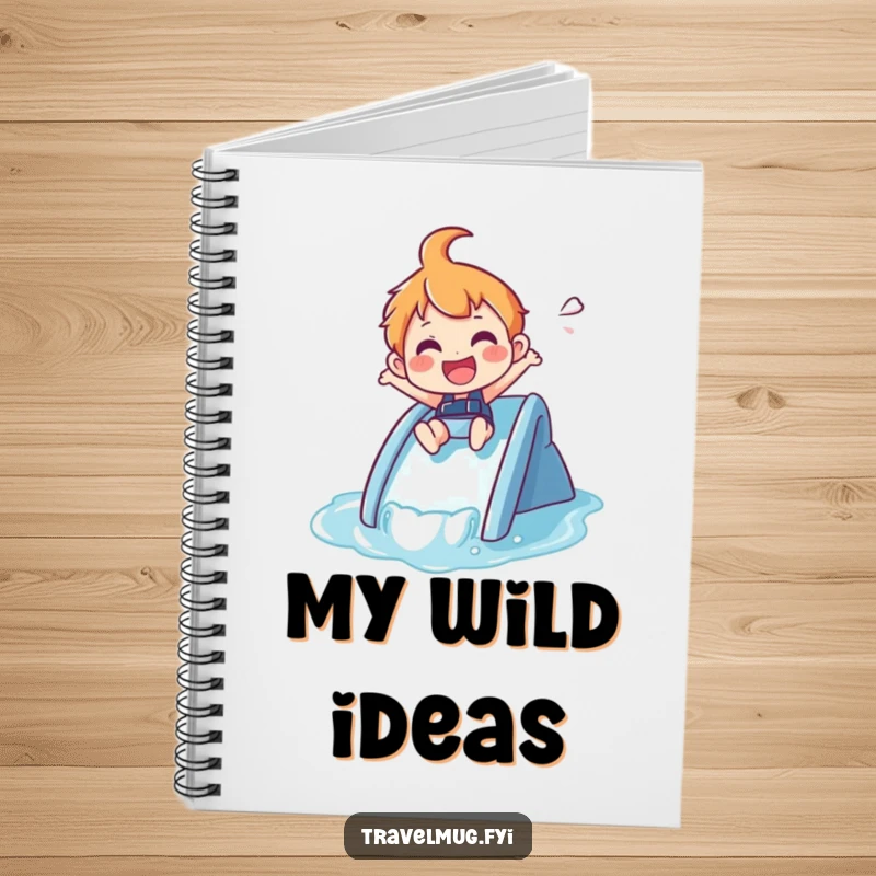 Funny Notebook: A joyful character zips down a small waterslide, ready to document summer fun.