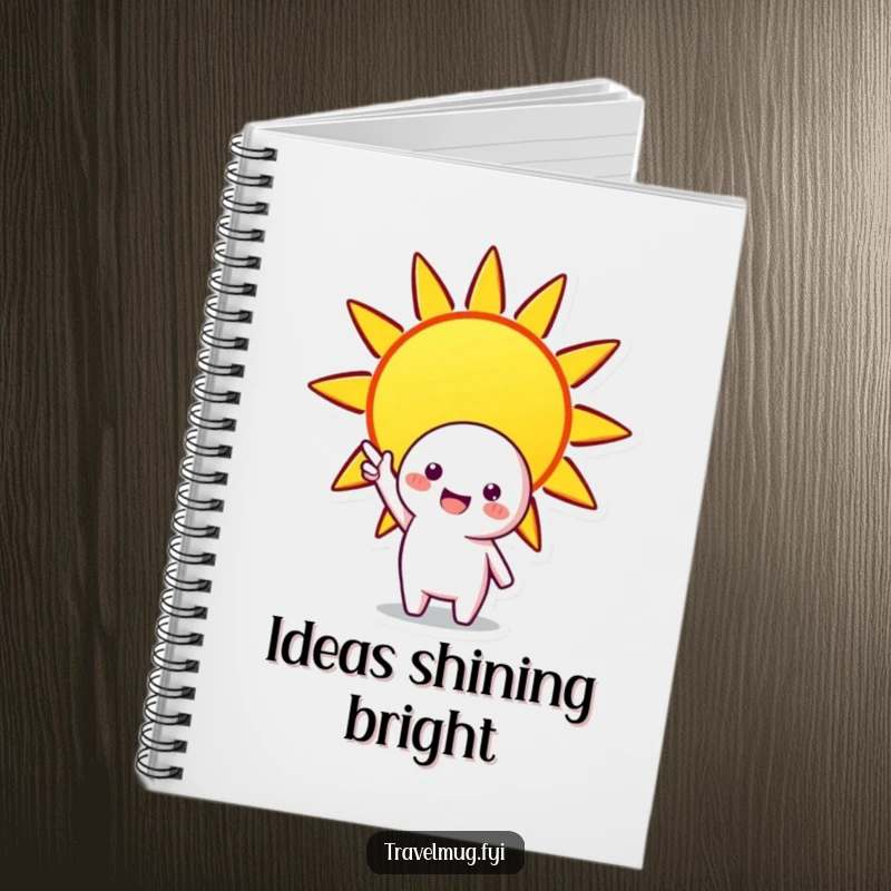 Funny notebook with a cheerful character pointing at a bright sun, a humorous journal for bright ideas.
