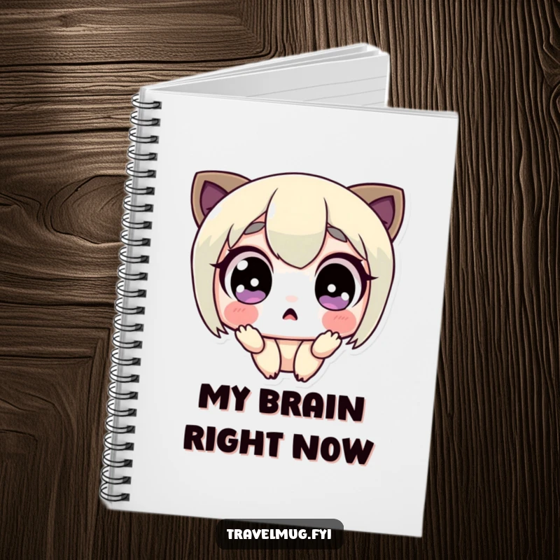 Funny notebook cover with a cute character's wide, surprised eyes, symbolizing shock and wonder for note-taking.