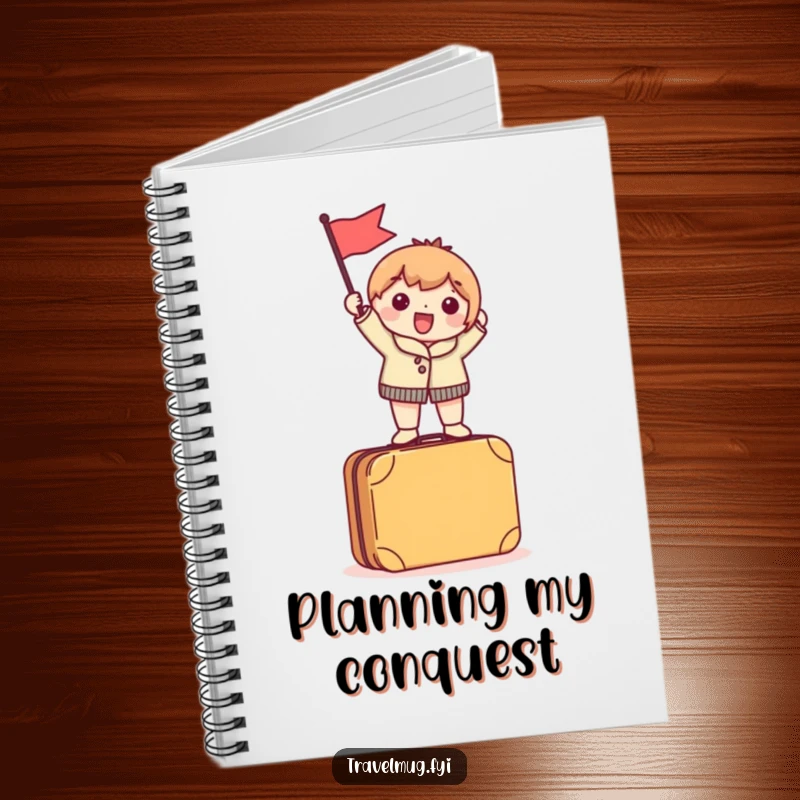 Funny Notebook cover with a character excitedly waving a tiny flag while standing on a suitcase, encouraging adventure planning.