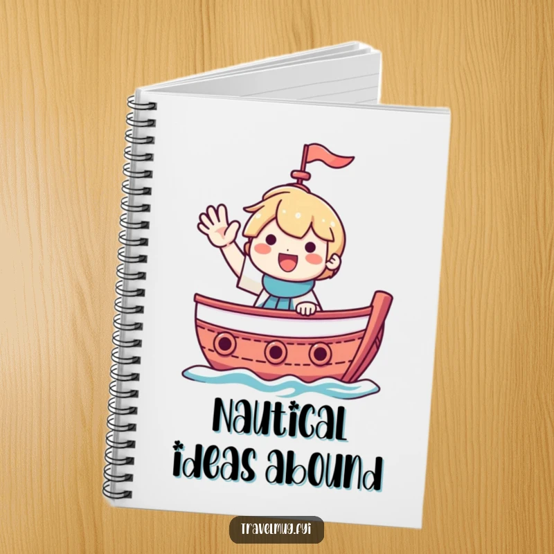 Funny notebook cover with a smiling character waving from a boat, perfect for jotting down nautical plans.