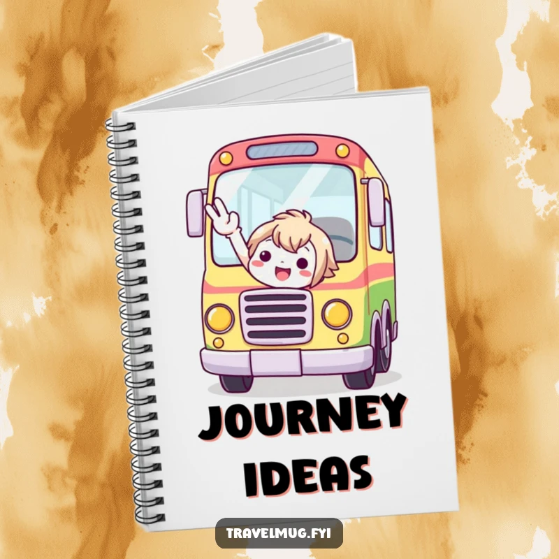 Funny notebook with a cute character excitedly flagging down a whimsical, colorful bus.