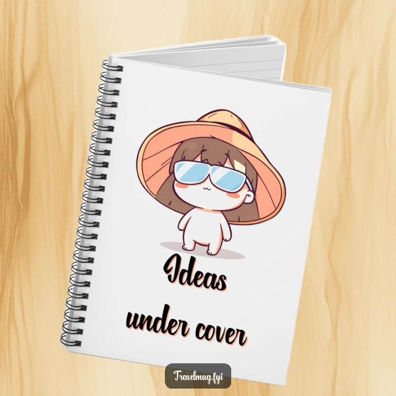 Funny sun hat character notebook, a hilarious design for stationery, featuring a character with an oversized sun hat for a touch of humor.