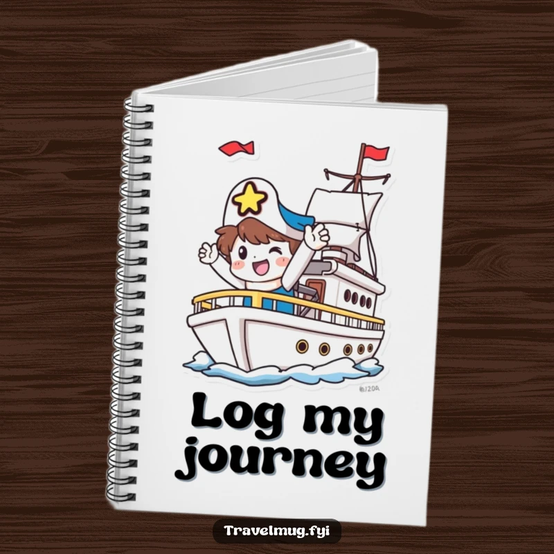 Funny Notebook: A happy character waves goodbye from a departing ship, ready to document exciting travels.