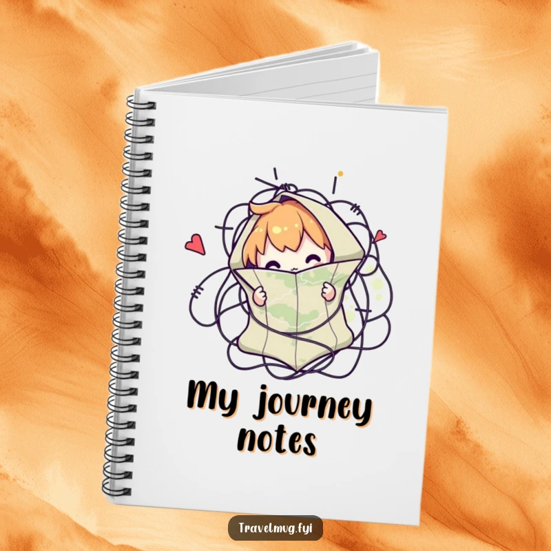 Funny notebook with a character comically tangled in a map, a humorous journal for planning adventures.