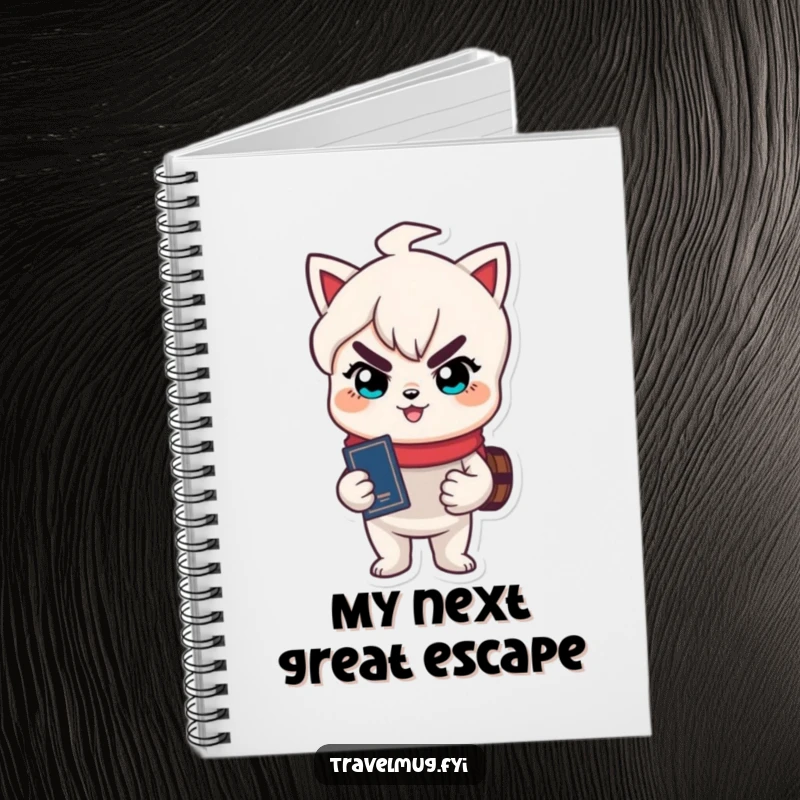 Funny notebook with a cute character holding a passport and a mischievous grin, designed for logging travel adventures.