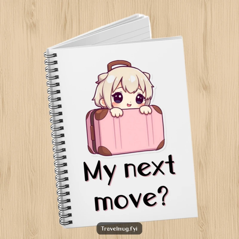 Funny notebook cover with a cute character peeking from a suitcase, perfect for jotting down travel plans and ideas.