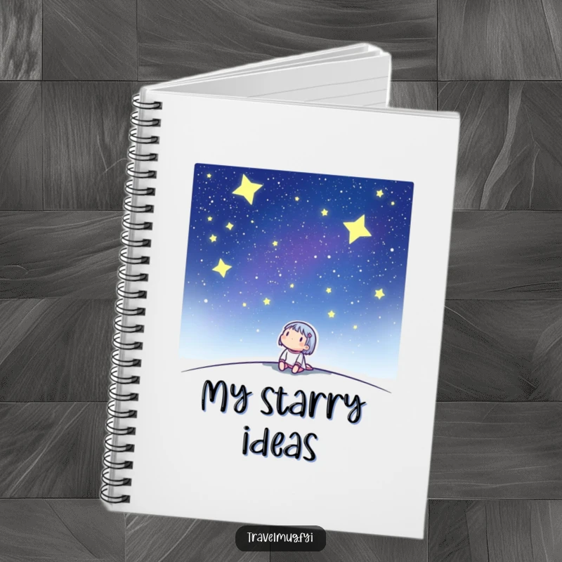 Funny notebook with a cute character looking up at a starry night sky, designed to inspire peaceful thoughts and cosmic ideas.
