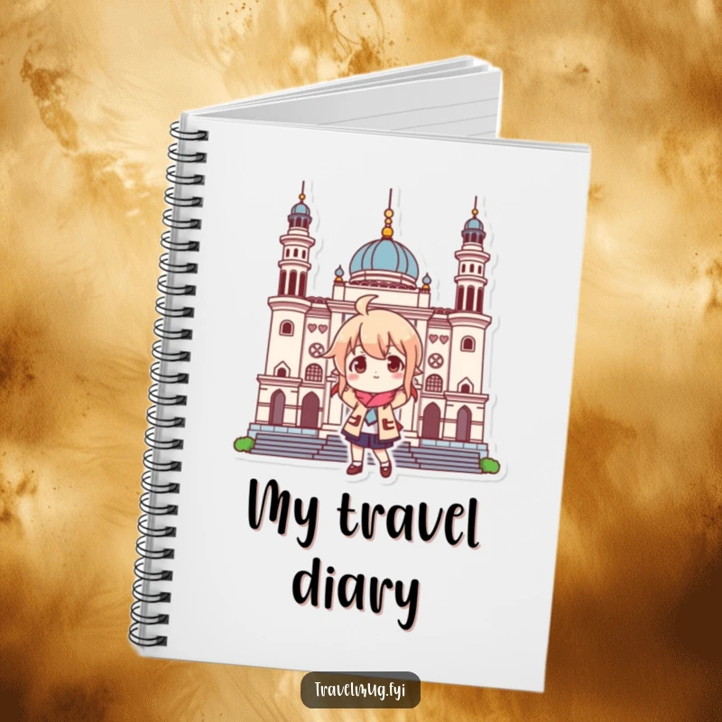Funny notebook with a character playfully posing at a famous landmark, perfect for jotting down travel ideas and funny memories.