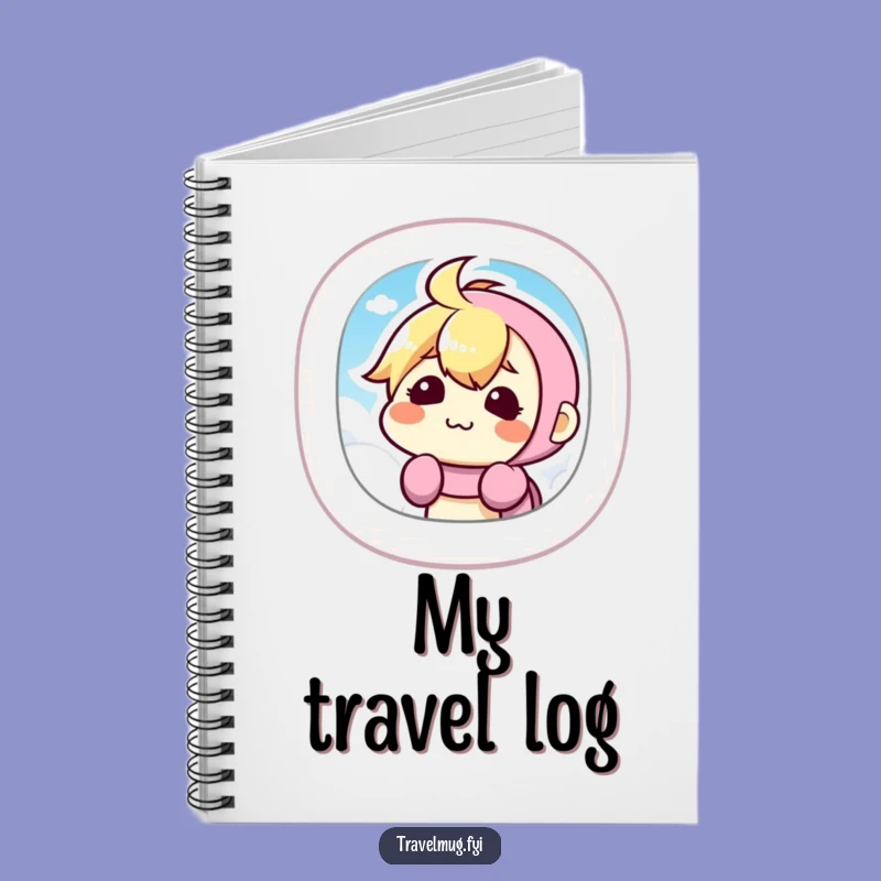 Capture your travel memories and daily thoughts in this funny notebook featuring a kawaii character making a silly face from an airplane window. The perfect companion for explorers.