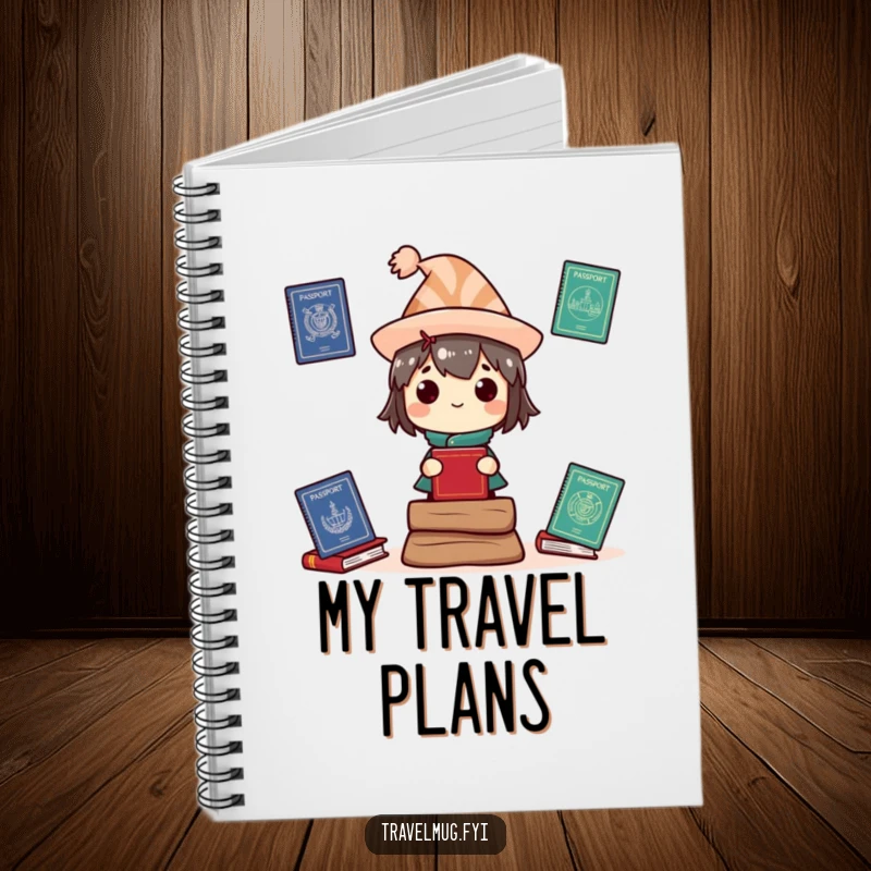 Funny Notebook: A character wearing a silly hat balances multiple passports, perfect for travel journaling.