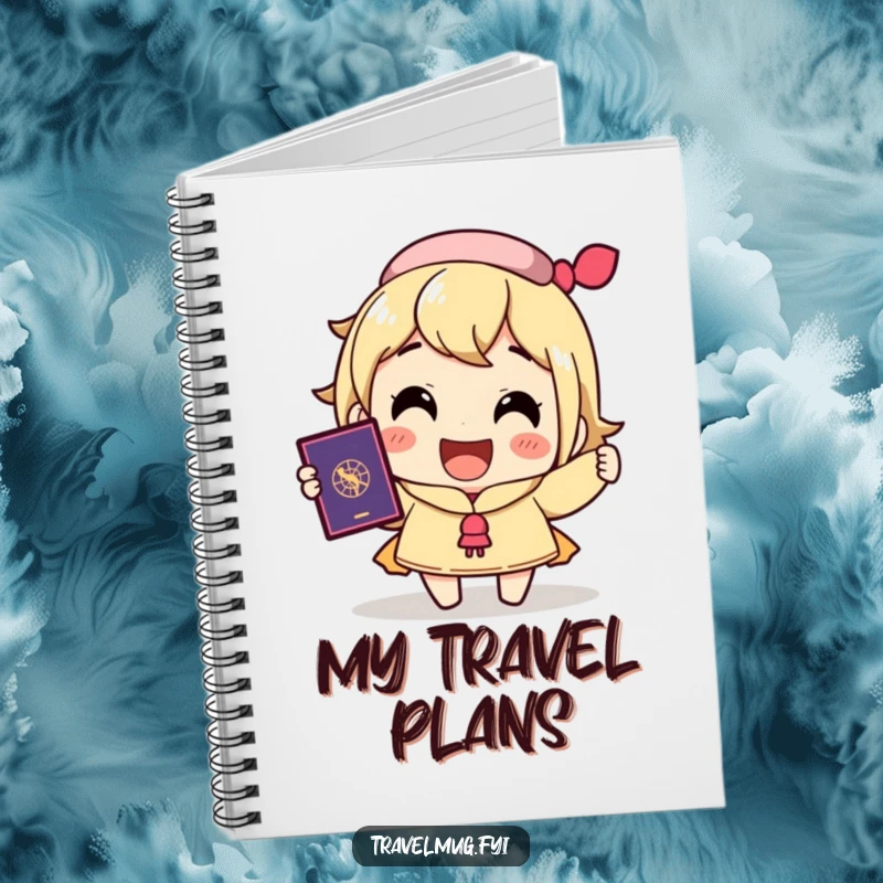 Funny notebook with a character's joyful smile and passport, perfect for travel notes, plans, and as a funny gift.