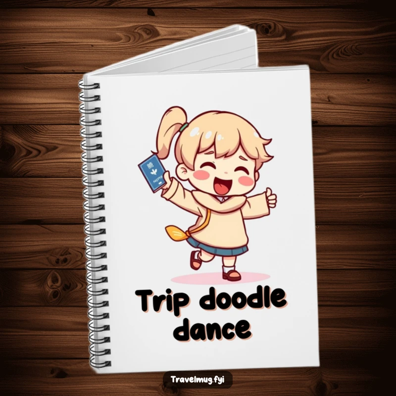 Funny travel dance notebook, a character dancing with a passport, great for jotting down travel plans and excitement.