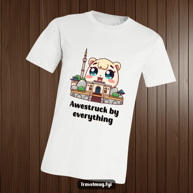 Funny Kawaii character t-shirt depicting a cute character with amazed eyes staring at a famous landmark, celebrating travel.