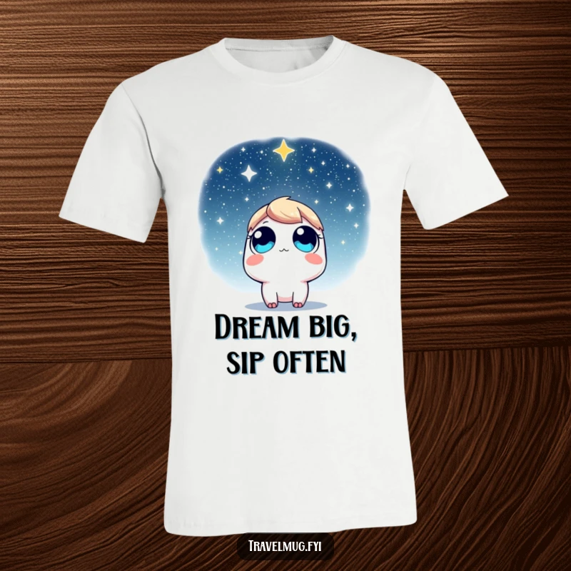 Funny T-Shirt: A character with wide eyes looking up at a star-filled sky, filled with cosmic wonder and imagination.