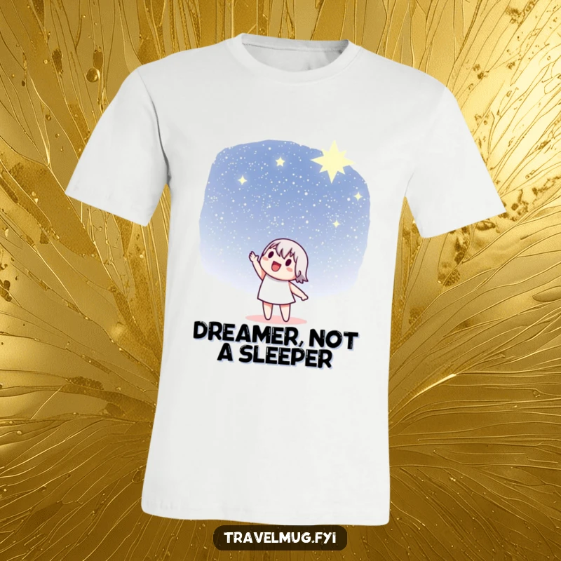 Funny T-Shirt: An enthusiastic character points with excitement towards a distant, star-filled celestial sky.