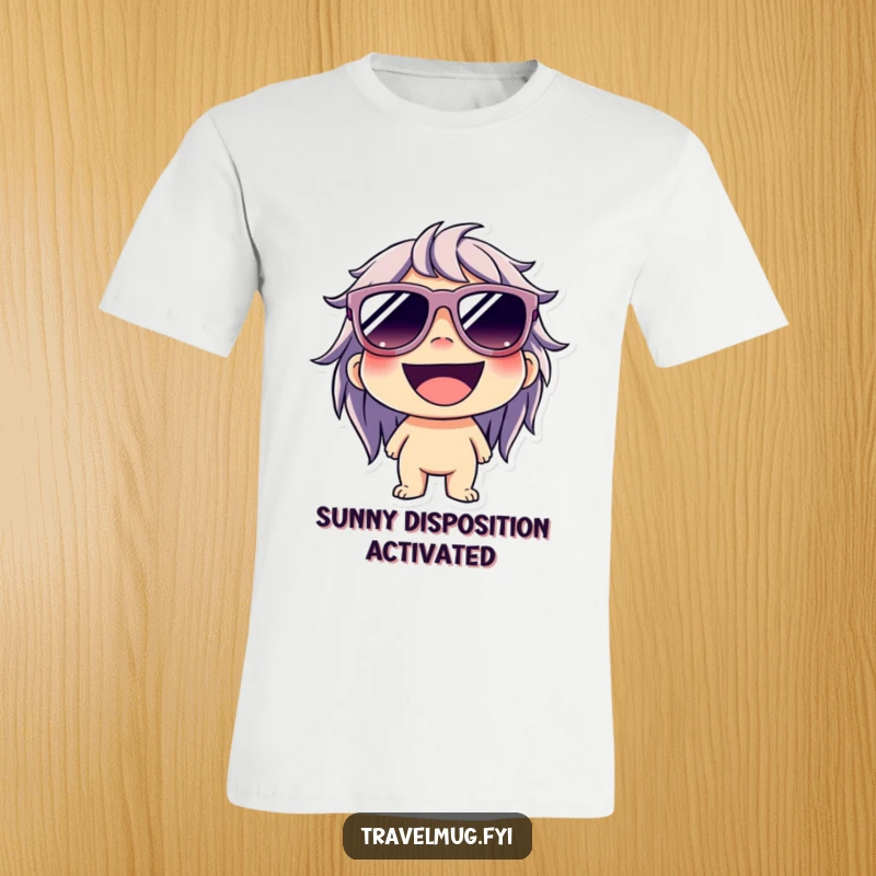 Funny t-shirt of a character wearing oversized sunglasses and a broad, joyful grin, radiating confidence and happiness.