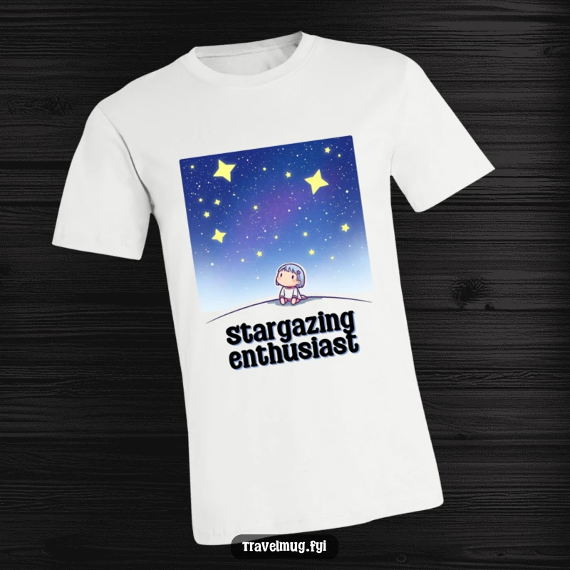 Funny t-shirt featuring a cute character gazing upwards at a breathtaking, star-filled night sky, evoking peace and wonder.