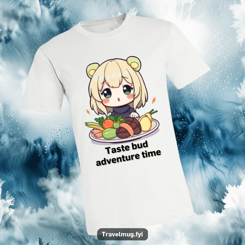 Funny T-Shirt: A character with wide eyes showing surprise at a plate of strange, exotic food, capturing a moment of culinary shock.