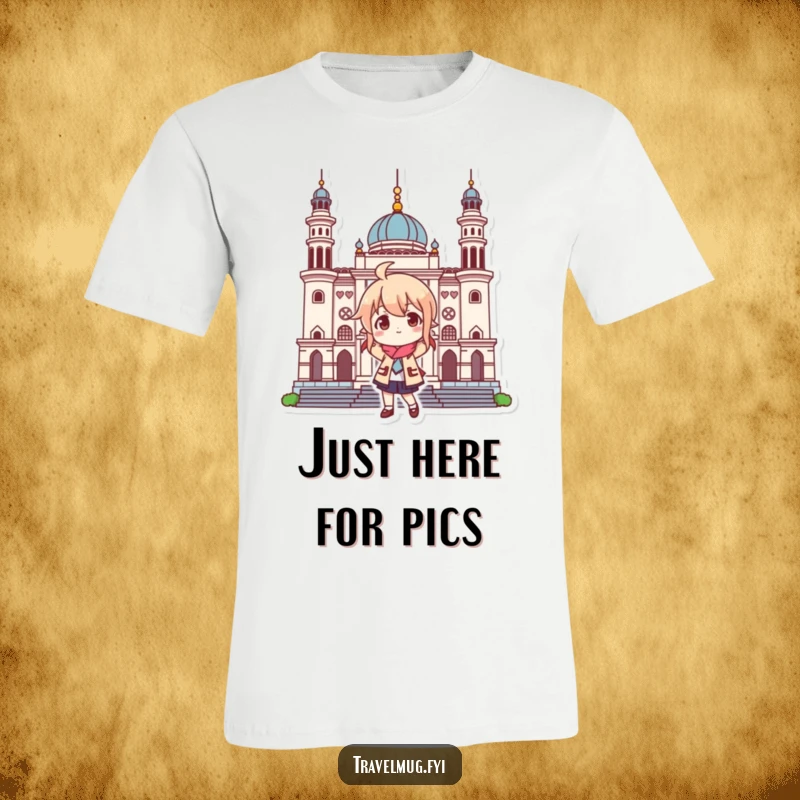 Funny t-shirt showcasing a character striking a playful pose in front of an iconic landmark, perfect for travel enthusiasts.
