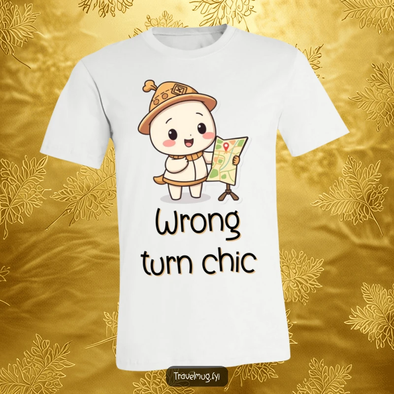 Funny t-shirt depicts a character in a silly hat pointing at a funny map, radiating adventure and humor.