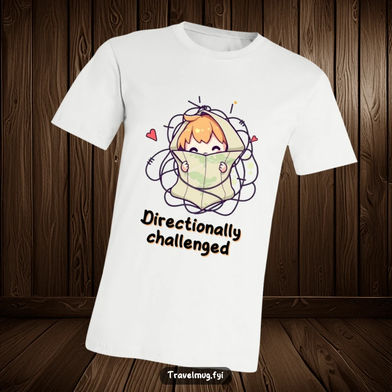 Funny t-shirt featuring a character comically tangled in a map, a humorous representation of adventure and getting lost.