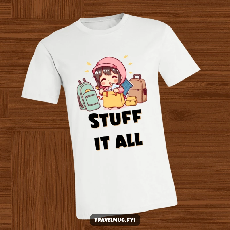 Funny t-shirt featuring a character comically attempting to pack too many items into a small bag, a humorous take on travel.