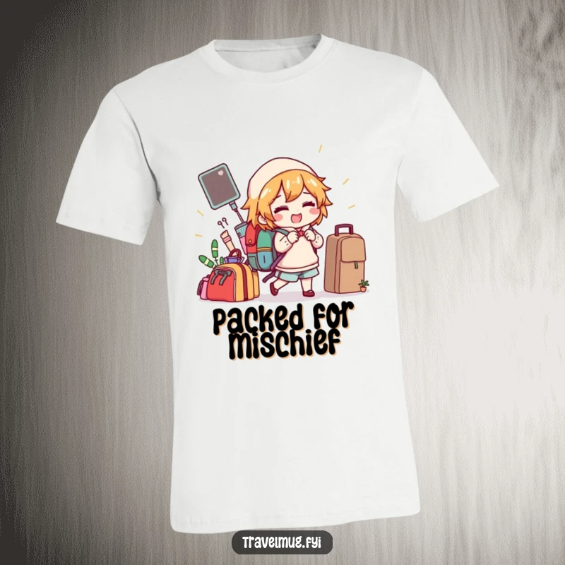 Funny t-shirt with a character joyfully packing a backpack filled with nonsensical and comical items for a trip.